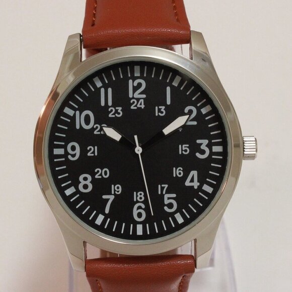 Men's Quartz Field Watch Silver Case Brown Leather Strap 42mm - Picture 6 of 12